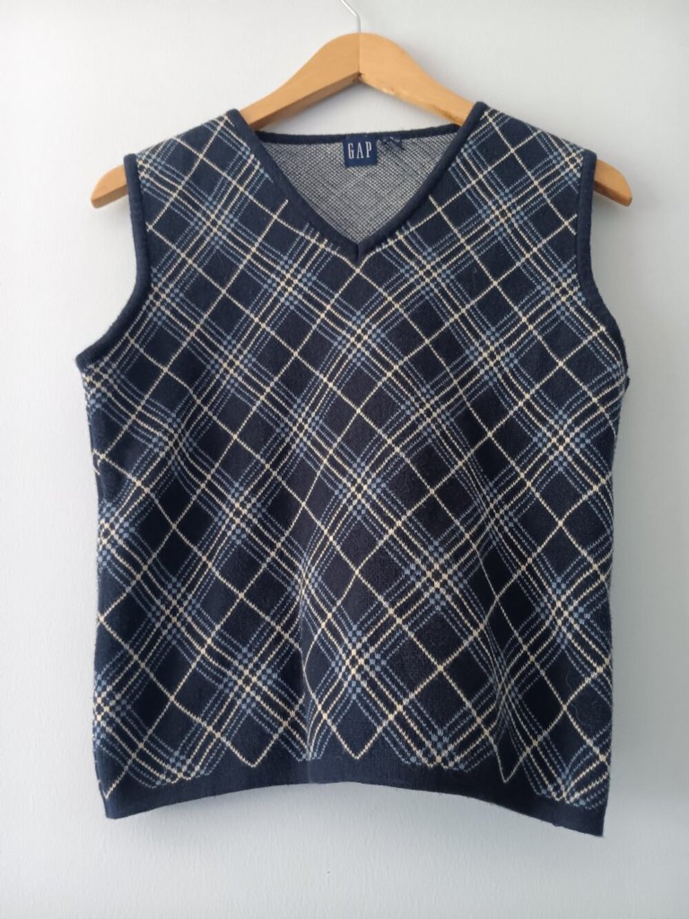 Vintage GAP Plaid Sweater Vest Navy Blue V Neck Cotton Knit Preppy S
